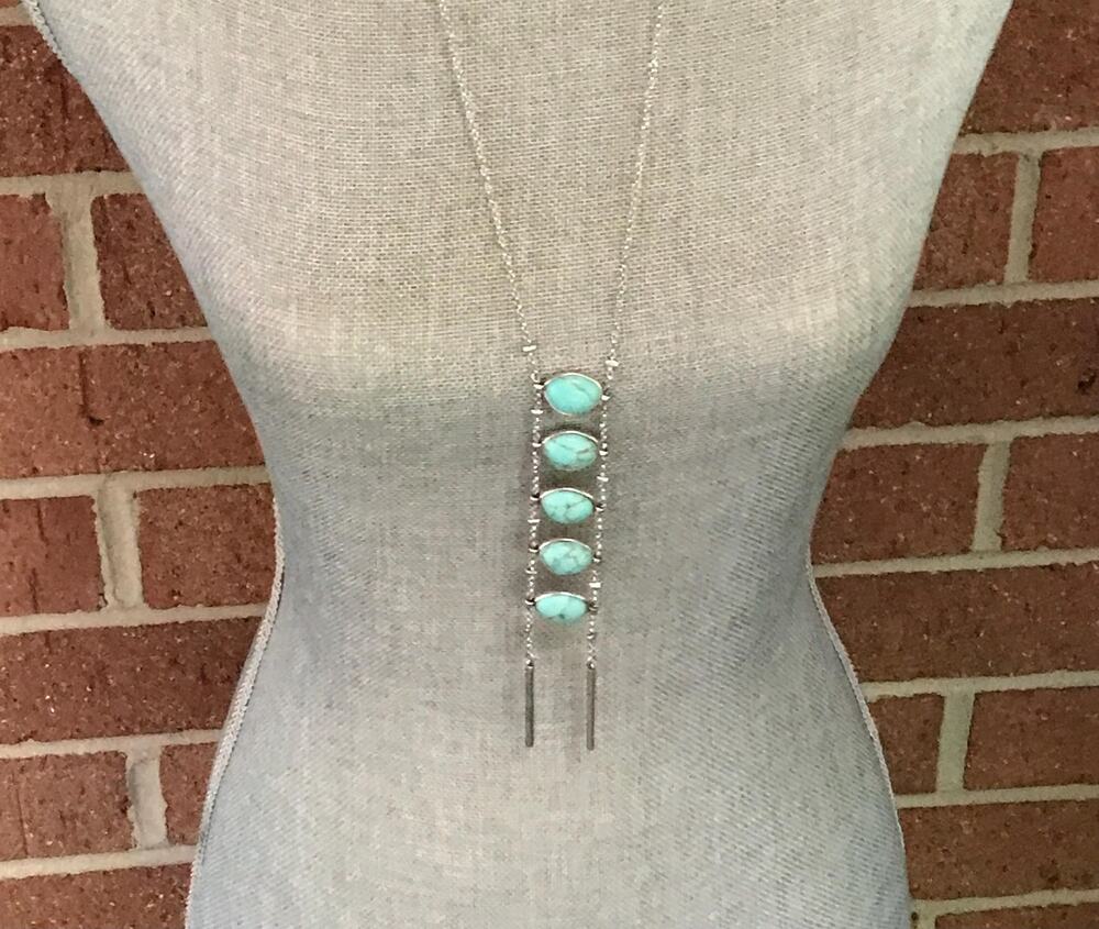 Lucky Brand Faux Turquoise Long Pendant Necklace -Silver Tone  - Southwest Boho